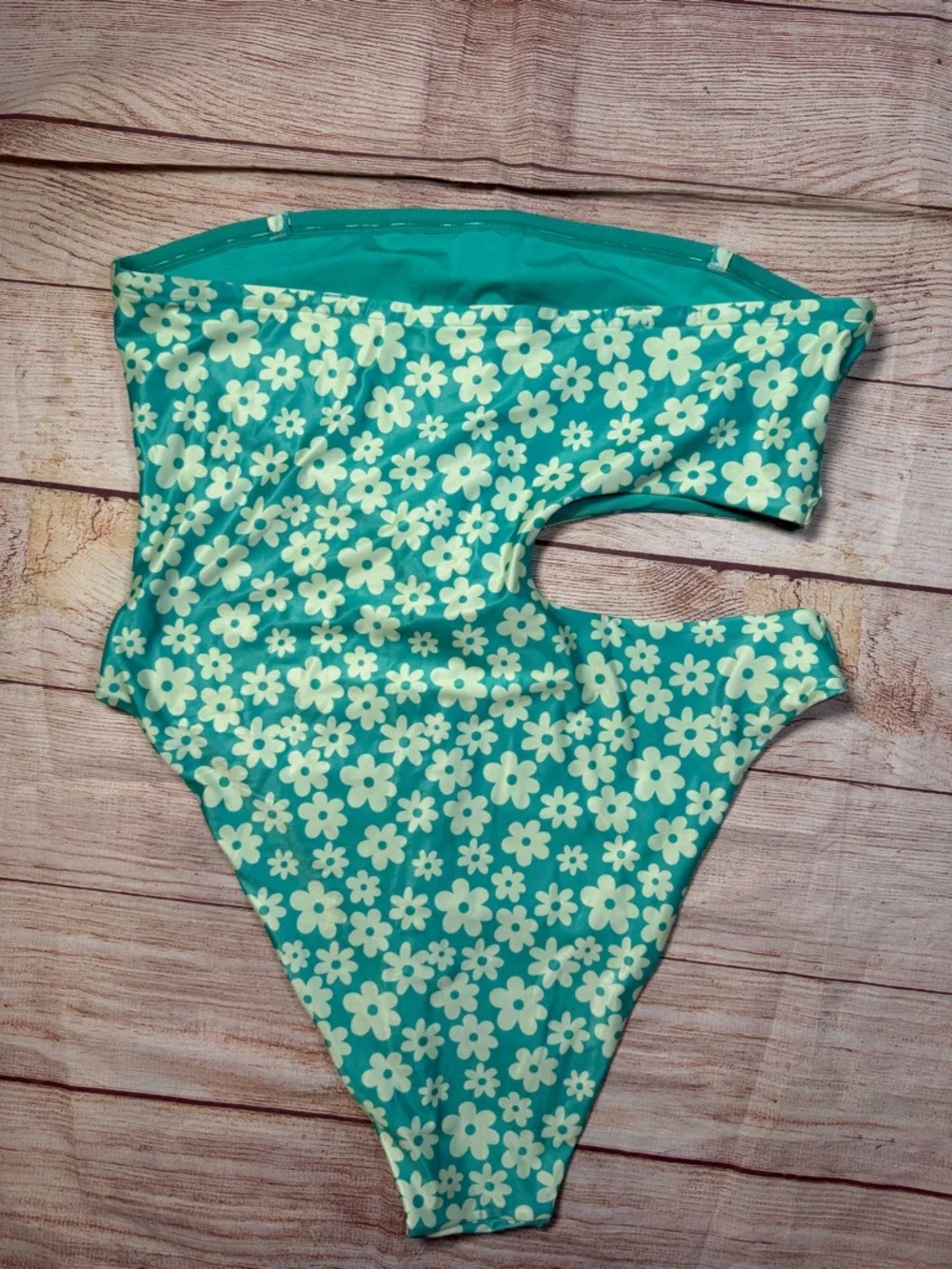 H&M Teal Micro Floral One-Piece Cutout Strapless Swimsuit and‎ Swim Skirt